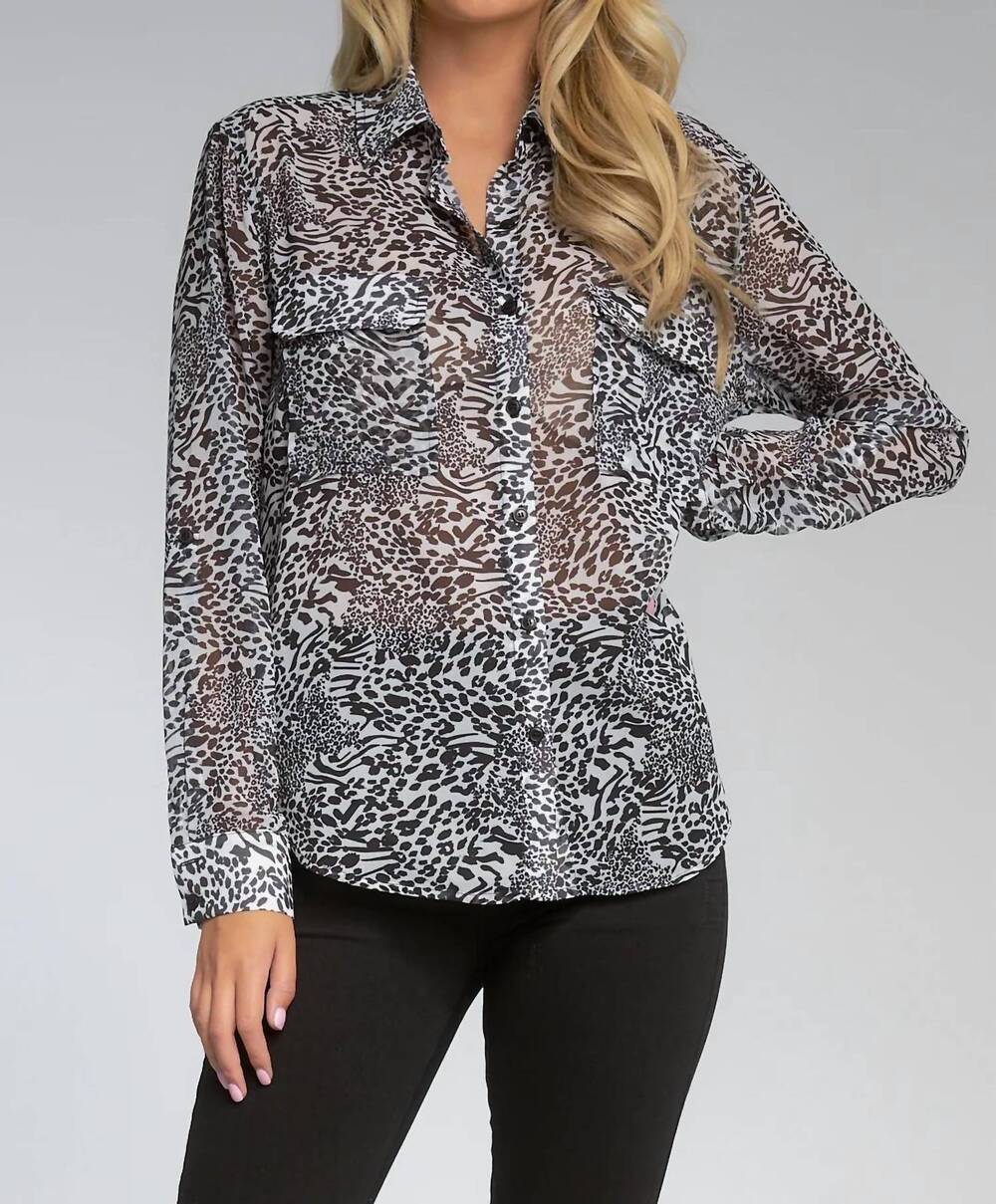 NEW ELAN long sleeve button up shirt in black white leopard